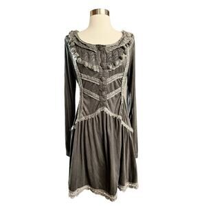 CHALADA Gray Dress Crochet Trim Long Sleeves Soft Fabric Round Neck Cotton EUC